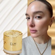 a white woman with glowing skin and her hair pulled back on a white and gold background with a gold jar next to her