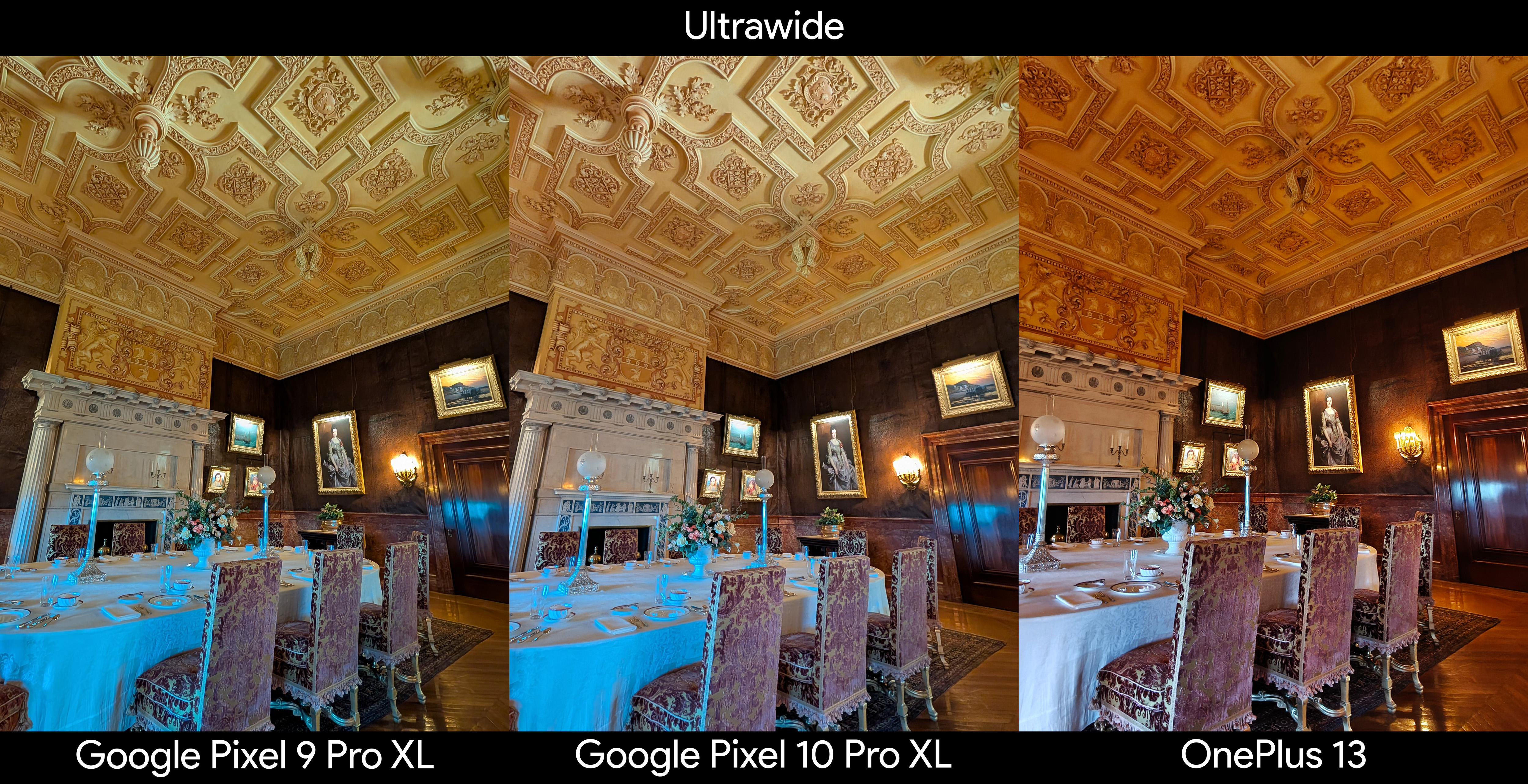 Comparing an ultrawide photo of a dimly lit fancy dining room between the Google Pixel 10 Pro XL, Google Pixel 9 Pro XL, and OnePlus 13