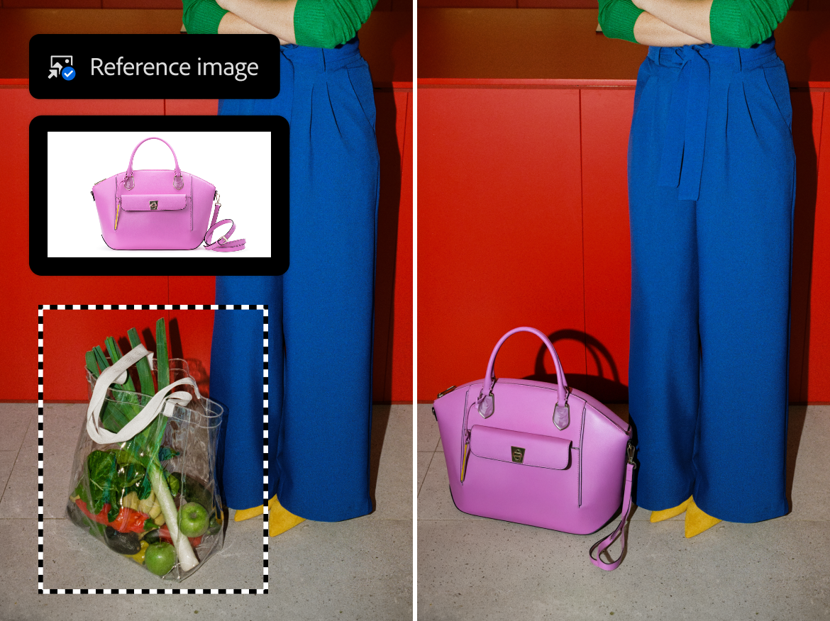 A side-by-side demonstration showing a clear grocery bag being replaced by a pink designer handbag using a "Reference image" tool.