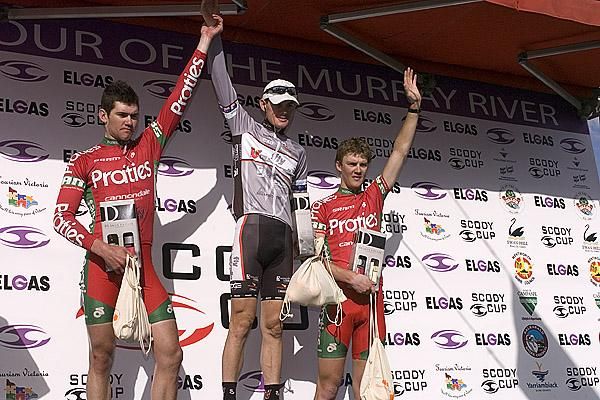 The stage nine podium (l-r): Kyle Marwood (2nd,Praties), Hayden Brooks (1st,Fly V Australia), and Ben Grenda (3rd, Praties).