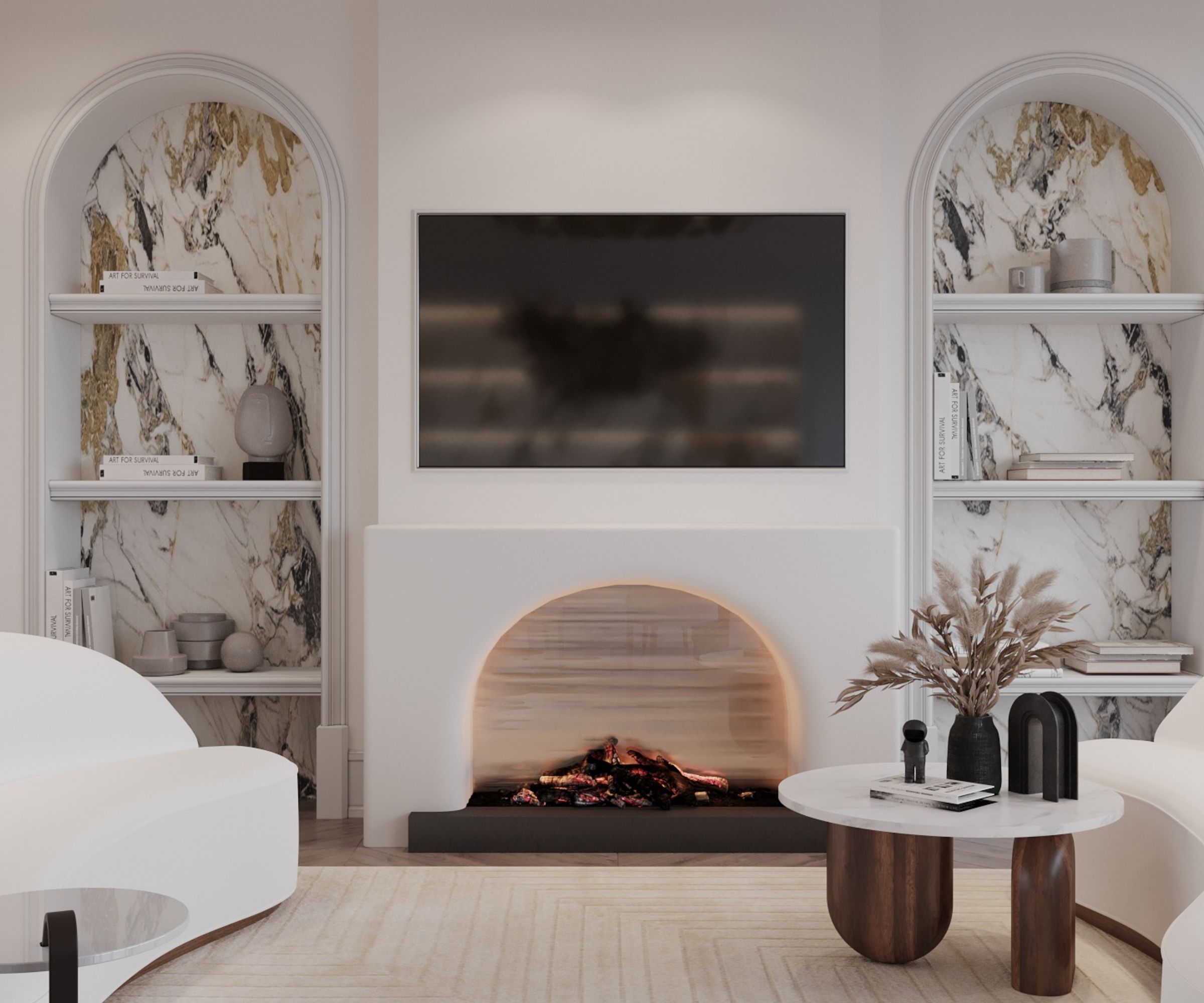 A contemporary living room with a wall-mounted TV above a softly arched electric fireplace, flanked by marble alcove shelves with books and decorative pieces, and a round coffee table in the centre.