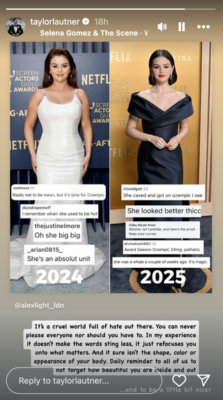 Taylor Lautner's Instagram Story post about Selena Gomez, showing Gomez at the 2024 SAG Awards and the 2025 SAG Awards along with his commentary