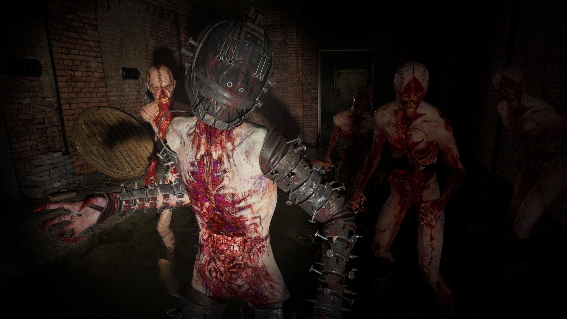 Partially flayed enemies approach the player in Clive Barker's Hellraiser: Revival in a dark basement, lit only by torchlight