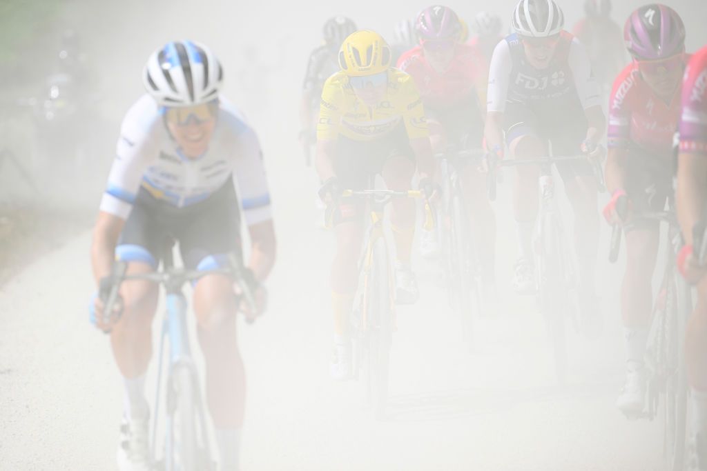 BARSURAUBE FRANCE JULY 27 compete through gravel roads during the 1st Tour de France Femmes 2022 Stage 4 a 1268km stage from Troyes to BarSurAube TDFF UCIWWT on July 27 2022 in BarsurAube France Photo by Bernard Papon PoolGetty Images