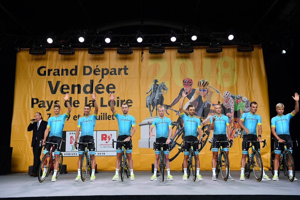 Astana on stage at the 2018 Tour de France team presentation