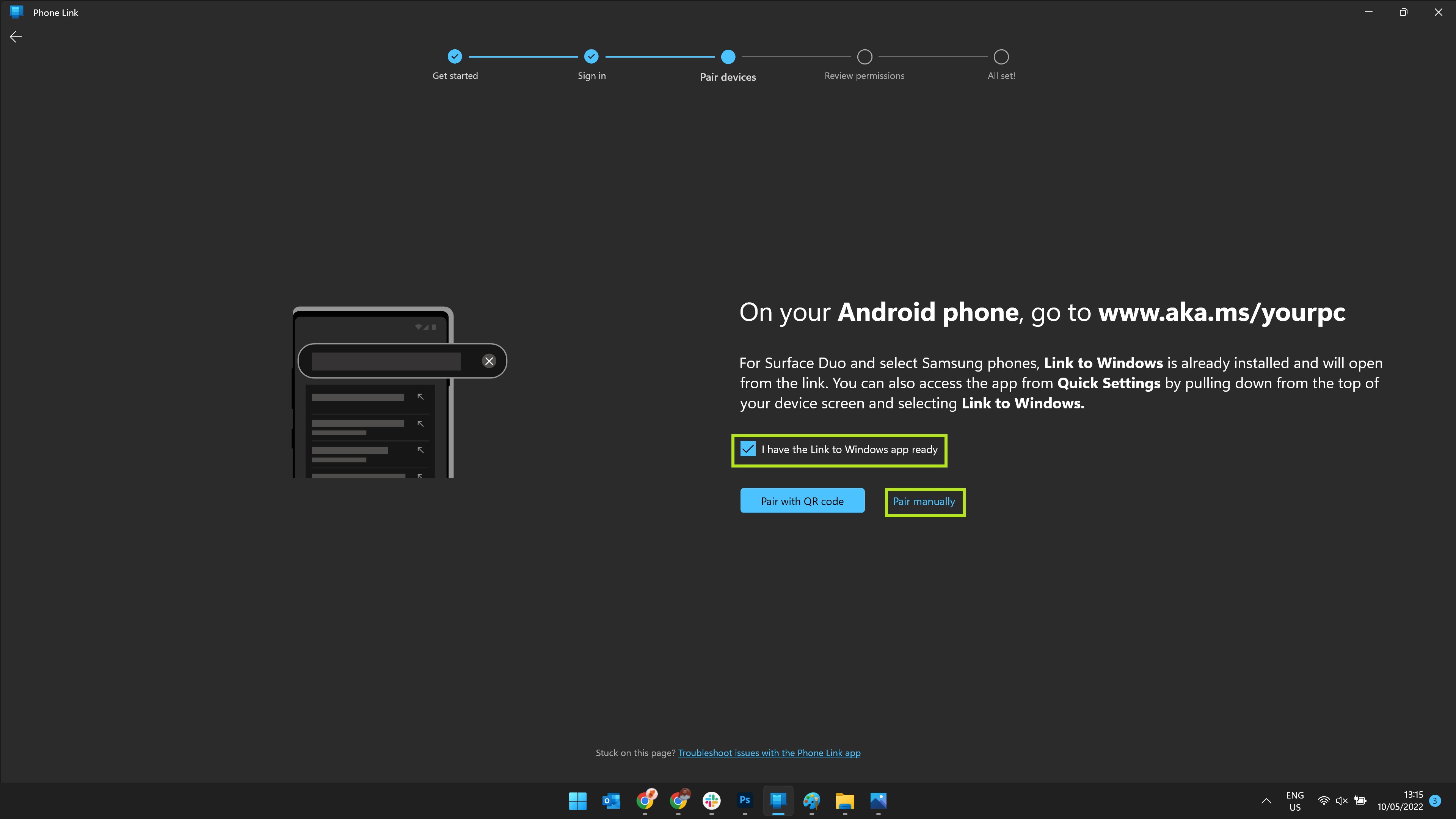 Windows Phone Link setup with the tick box and Pair manually options highlighted