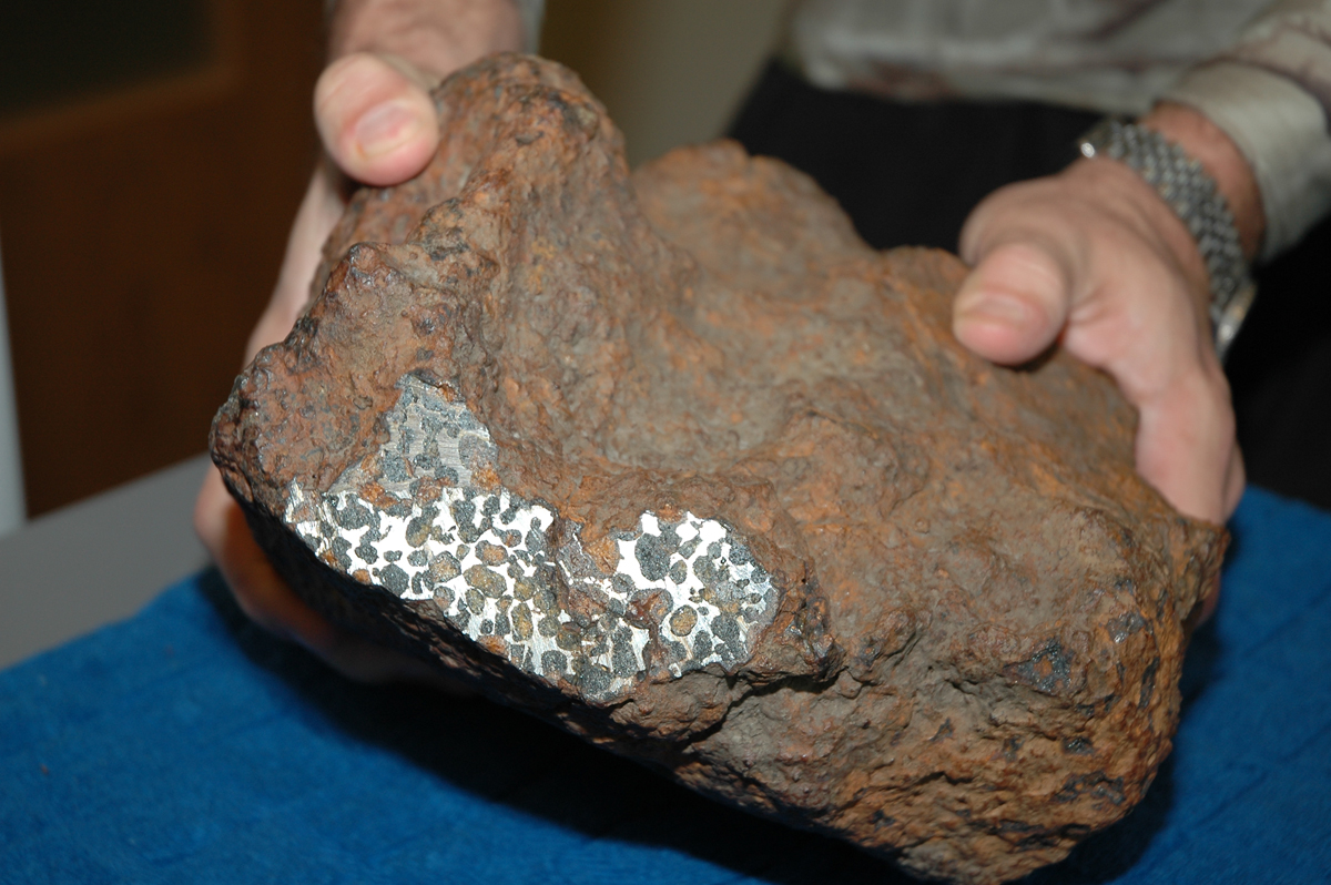 The rusting fusion crust on the outside of the Conception Junction meteorite disguises it as just another rock, but one glimpse of the interior gives the game away. The olive-green crystals set in lustrous metal are unique to pallasites.