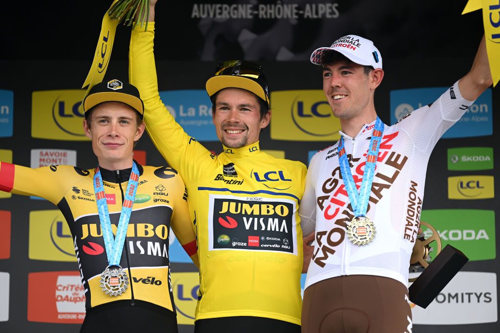 Jonas Vingegaard, Primoz Roglic and Ben O&#039;Connor on the final podium of the 2022 Criterium du Dauphine