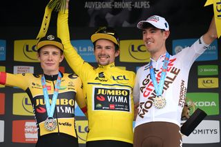 Jonas Vingegaard, Primoz Roglic and Ben O'Connor on the final podium of the 2022 Criterium du Dauphine