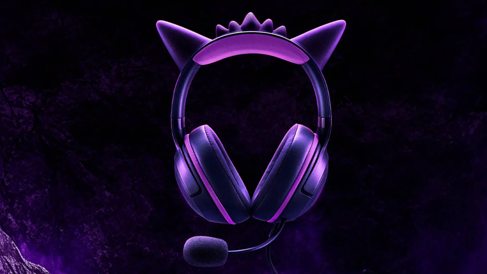 Official promo image of the Razer Kraken Kitty V2 Gengar Edition headset, with a dark purple background.
