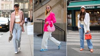 A composite of street style influencers showing how to wear jeans a blazer for the weekend