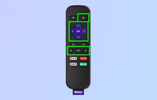 An image of a Roku remote against a blue background, with various buttons highlighted in green boxes to signify which buttons the tutorial will use.