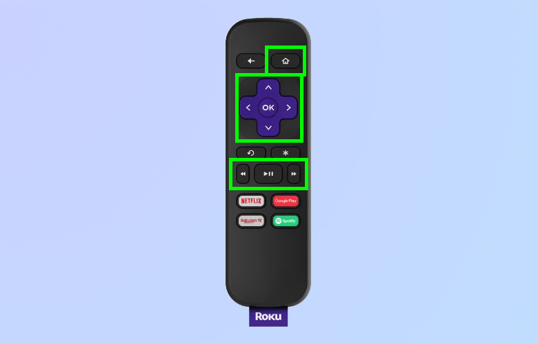 Image of the Roku remote on a blue background, with various buttons highlighted in green boxes to indicate which buttons the tutorial will use.