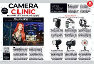 Photo of first two pages of Camera Clinic, explaining the benefits of flash, in the August 2024 issue of Digital Camera magazine