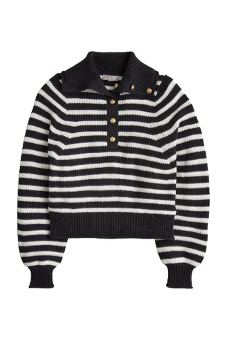 Ribbed Cotton Button-Collar Sweater in Stripe (Was $98) 