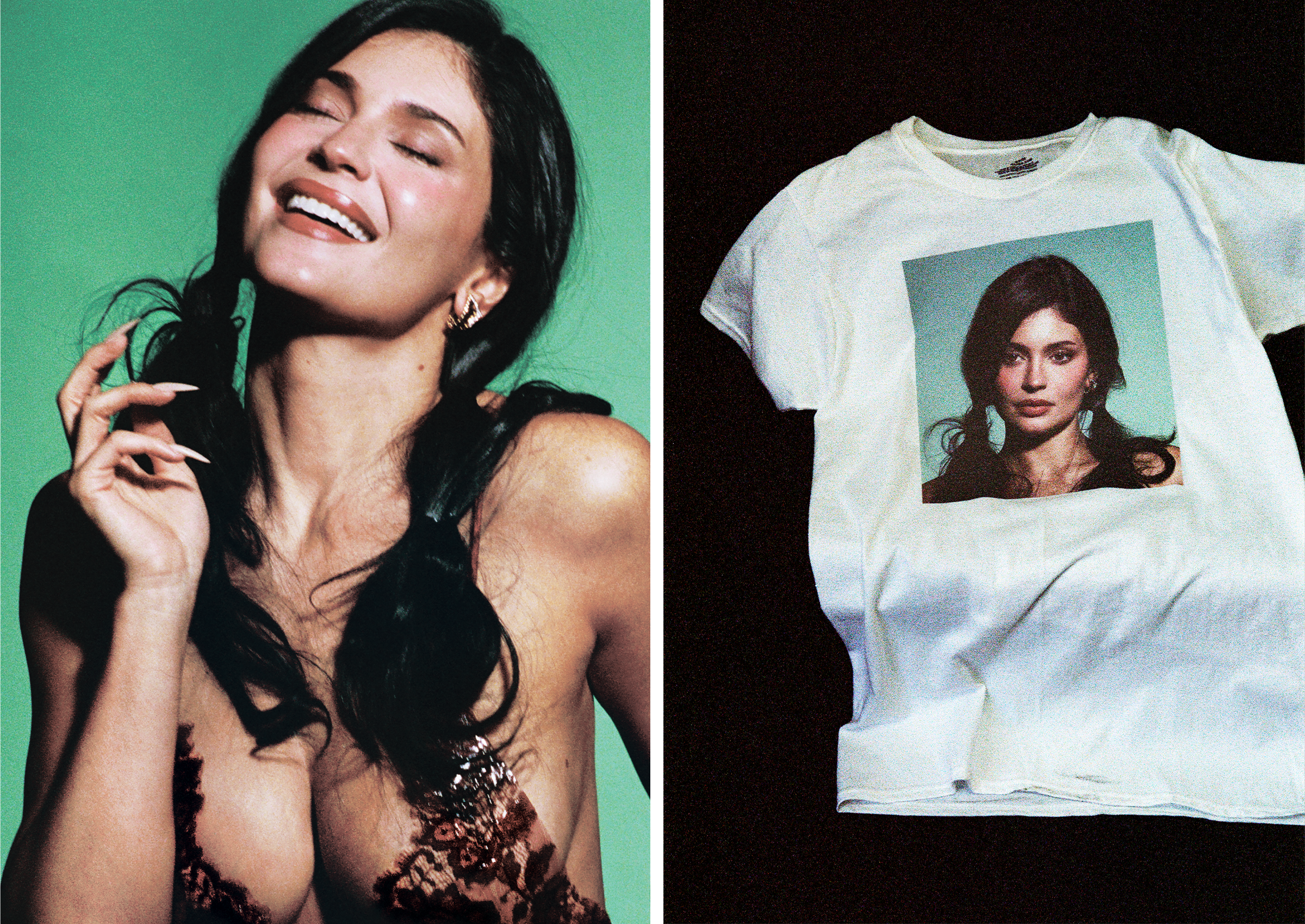 Left: Kylie Jenner laughs, standing in front of a green background, wearing a low-cut Saint Laurent lace top and skirt. Right: A white T-shirt with Kylie Jenner's face on it.