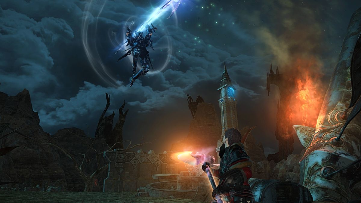 Final Fantasy 14 players brawl in Frontlines as a Dragoon dive-bombs a foe