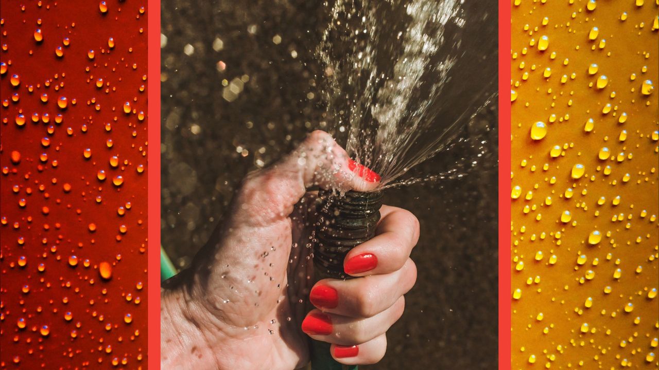 Closeup of water hose squirting water. Woman holding hose, woman with red nail polish, red nails, red fingernails closeup on hand gripping hose. Summer fun conceptual image for sexual issues, orgasm, and penis themes.