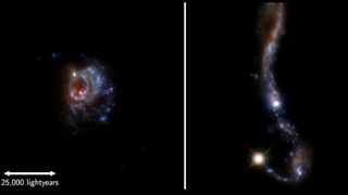 two galaxies in deep space side by side, the one of the left a roughly circular shape, the one on the right resembling a fishhook.