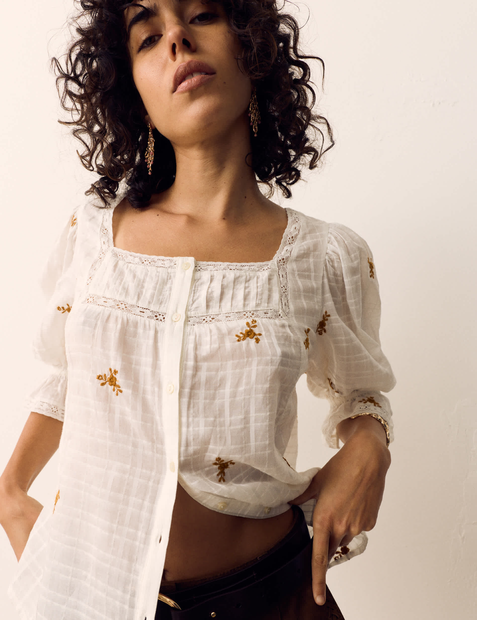 Cotton Rich Embroidered Square Neck Lace Detail Blouse