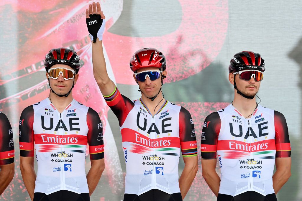 VISEGRAD HUNGARY MAY 06 LR Rui Oliveira of Portugal Rui Alberto Faria Da Costa of Portugal and Alessandro Covi of Italy and UAE Team Emirates during the team presentation prior to the 105th Giro dItalia 2022 Stage 1 a 195km stage from Budapest to Visegrd 337m Giro WorldTour on May 06 2022 in Visegrad Hungary Photo by Stuart FranklinGetty Images