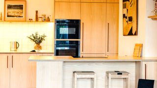 Kitchen with an island with plywood doors and worktops