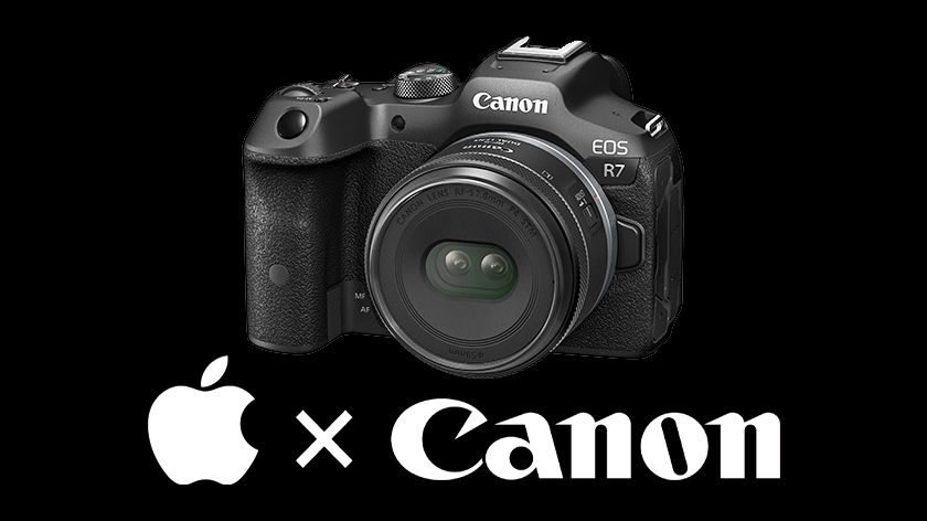 Canon RF-S 7.8mm f/4 STM Dual lens against a black background, with the Canon and Apple logos