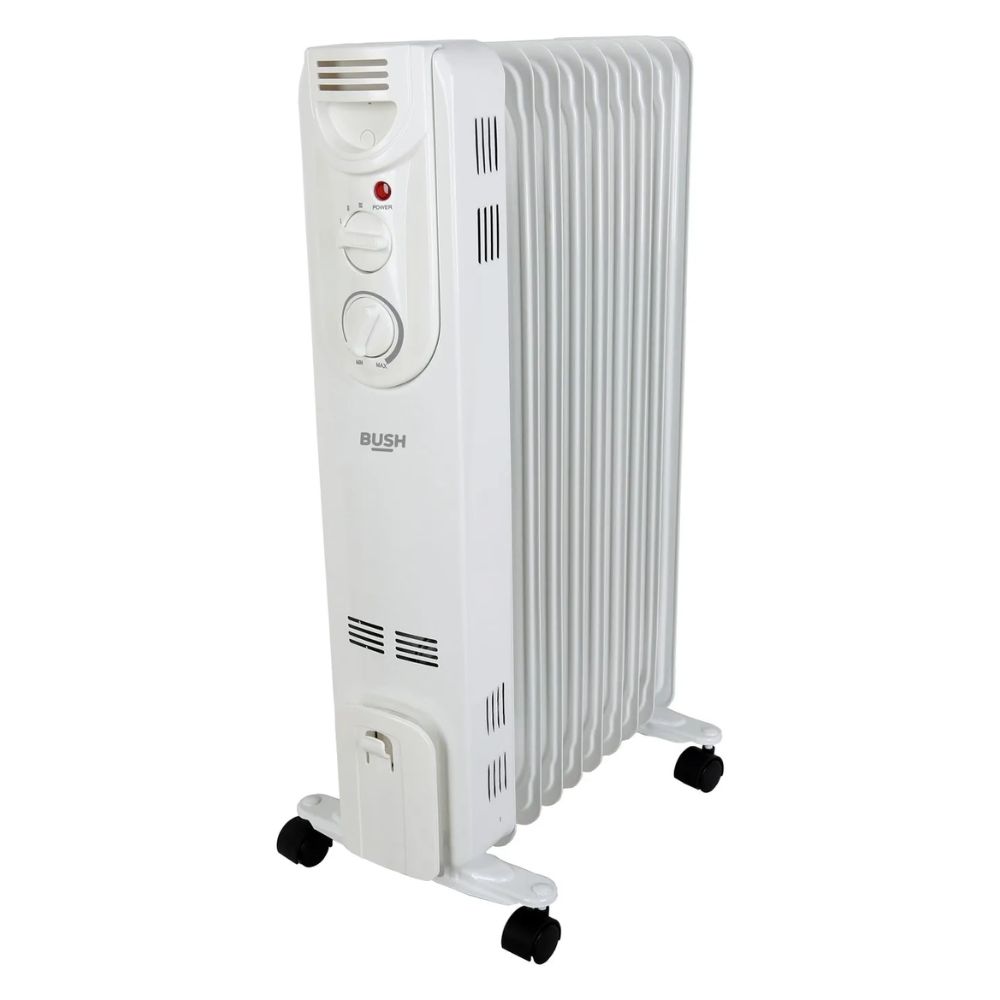 A tall, white oil-filled radiator stands on four small black castor wheels, with a slim, ribbed body designed to maximise heat distribution.