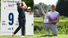 Eddie Pepperell hits a tee shot and David Horsey holds a trophy