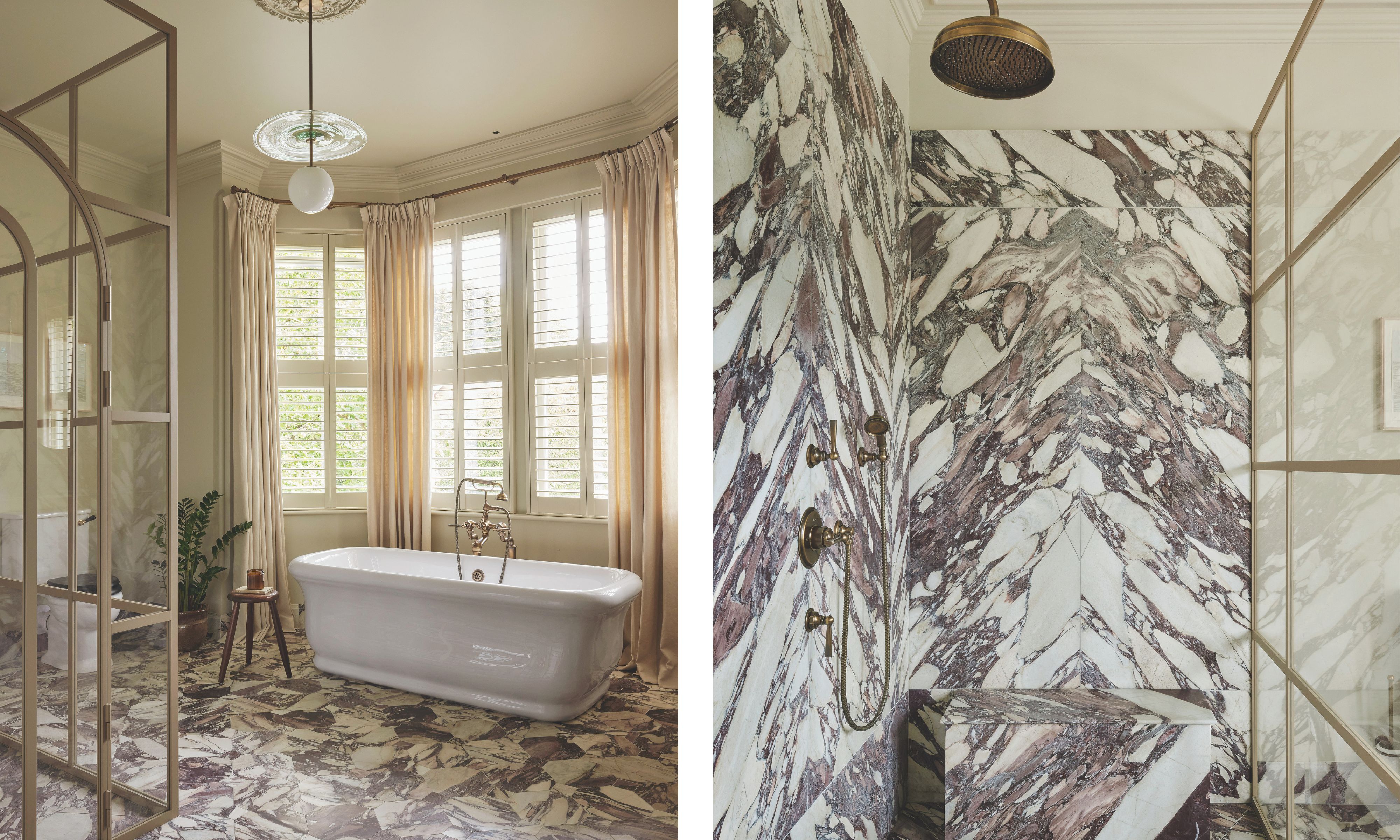 Left image: an overview of a large bathroom with a gray and white marble floor and a free standing white bathtub in the window. Right image: a close up of the walk in shower in the bathroom which is totally glad in gray and white marble
