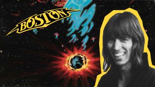 Tom Scholz headshot with the background of the cover of Boston's first album