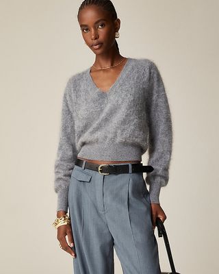 Brushed Cashmere Cropped V-Neck Sweater