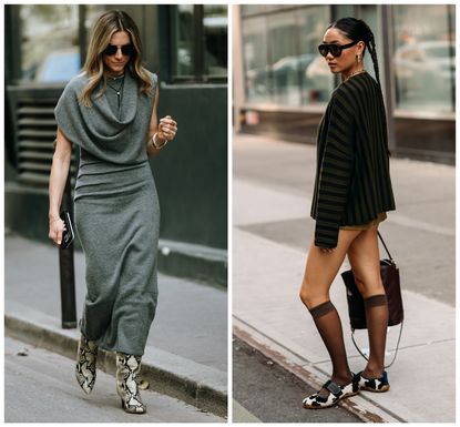 Collage of fashion week attendees wearing animal print shoes with white border