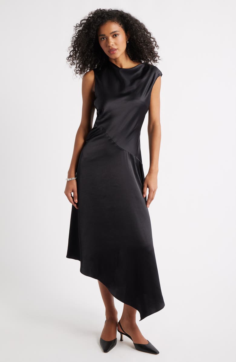 Cowl Neck Asymmetric Satin Midi Dress