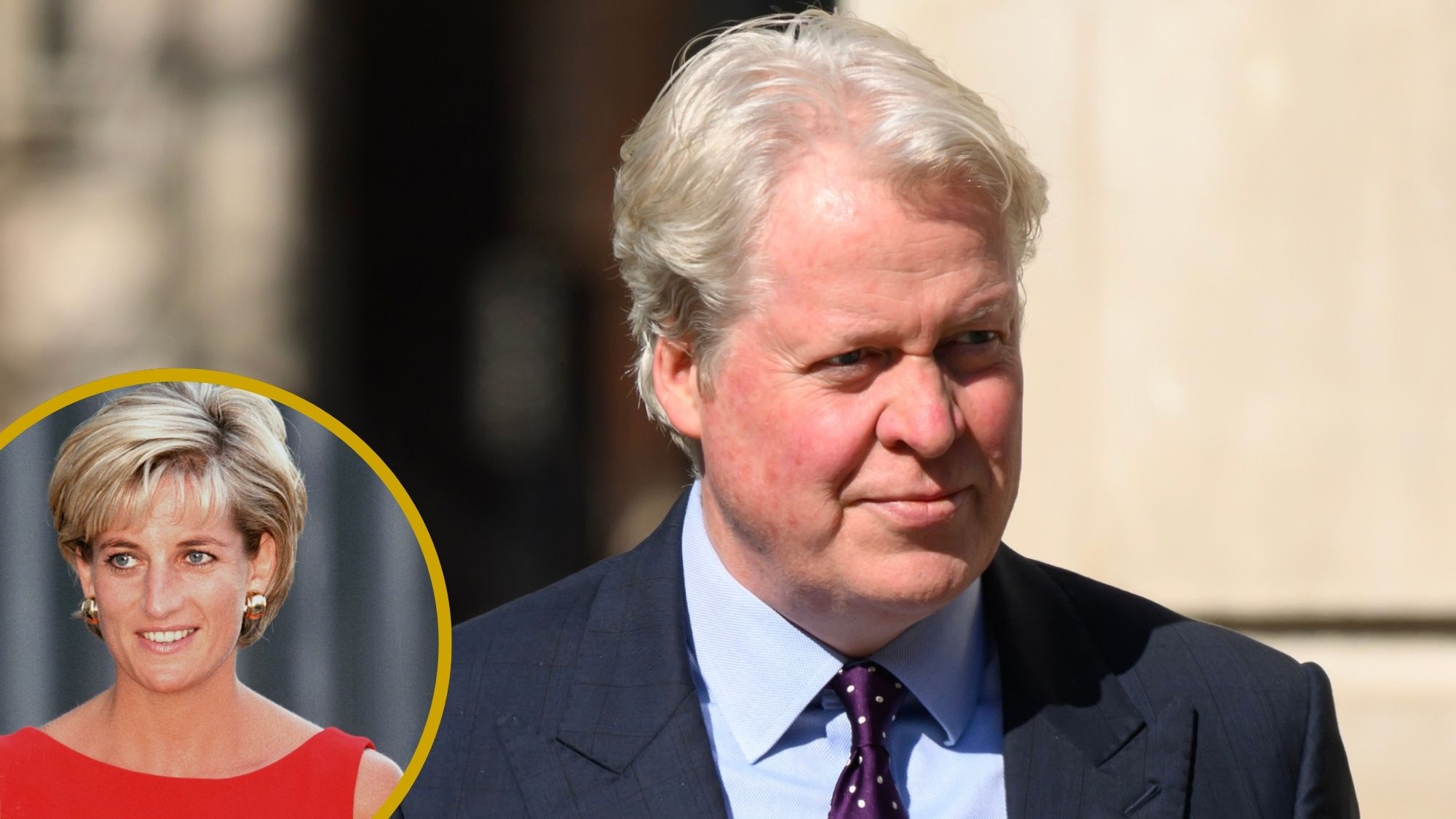 A roundel showing Princess Diana in Harrow in 1997 and a picture of Earl Spencer in 2024