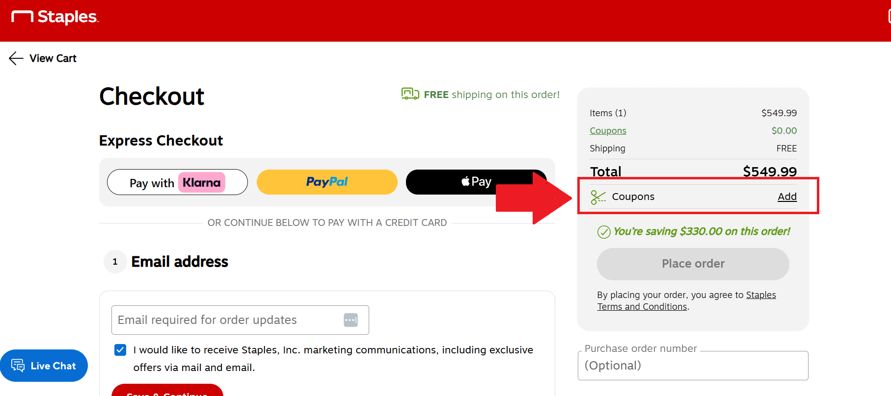 A screenshot of the staples checkout page and where to enter your staples promo code