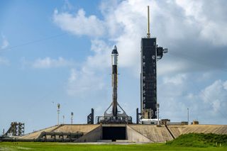 A used SpaceX Falcon 9 rocket carrying the CRS-23 Dragon cargo ship stands atop Launch Complex 39A of NASA's Kennedy Space Center in Cape Canaveral, Florida ahead of its planned launch on Aug. 28, 2021.