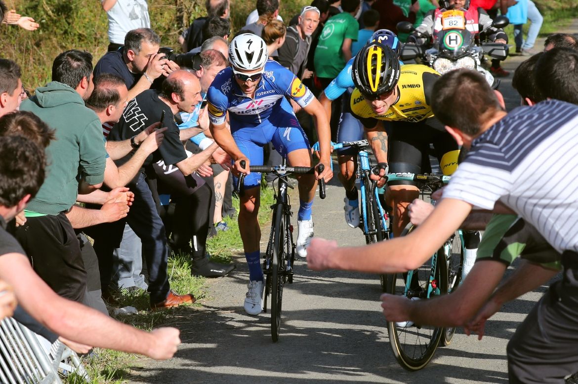 Julian Alaphilippe and Primoz Roglic attack through the Basque fans