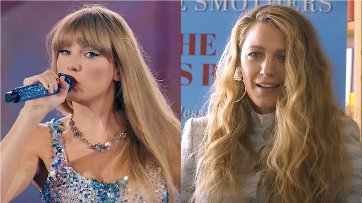 Taylor Swift singing in Eras Tour concert film/ Blake Lively in Another Simple Favor