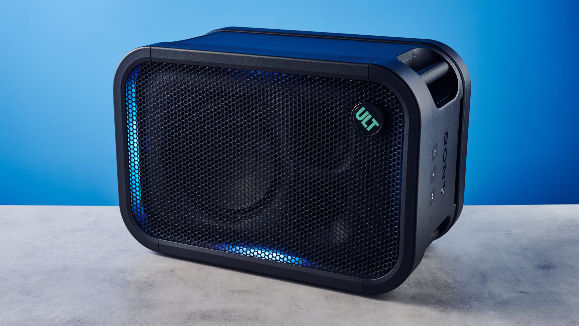 A black Sony ULT Tower 5 portable party speaker