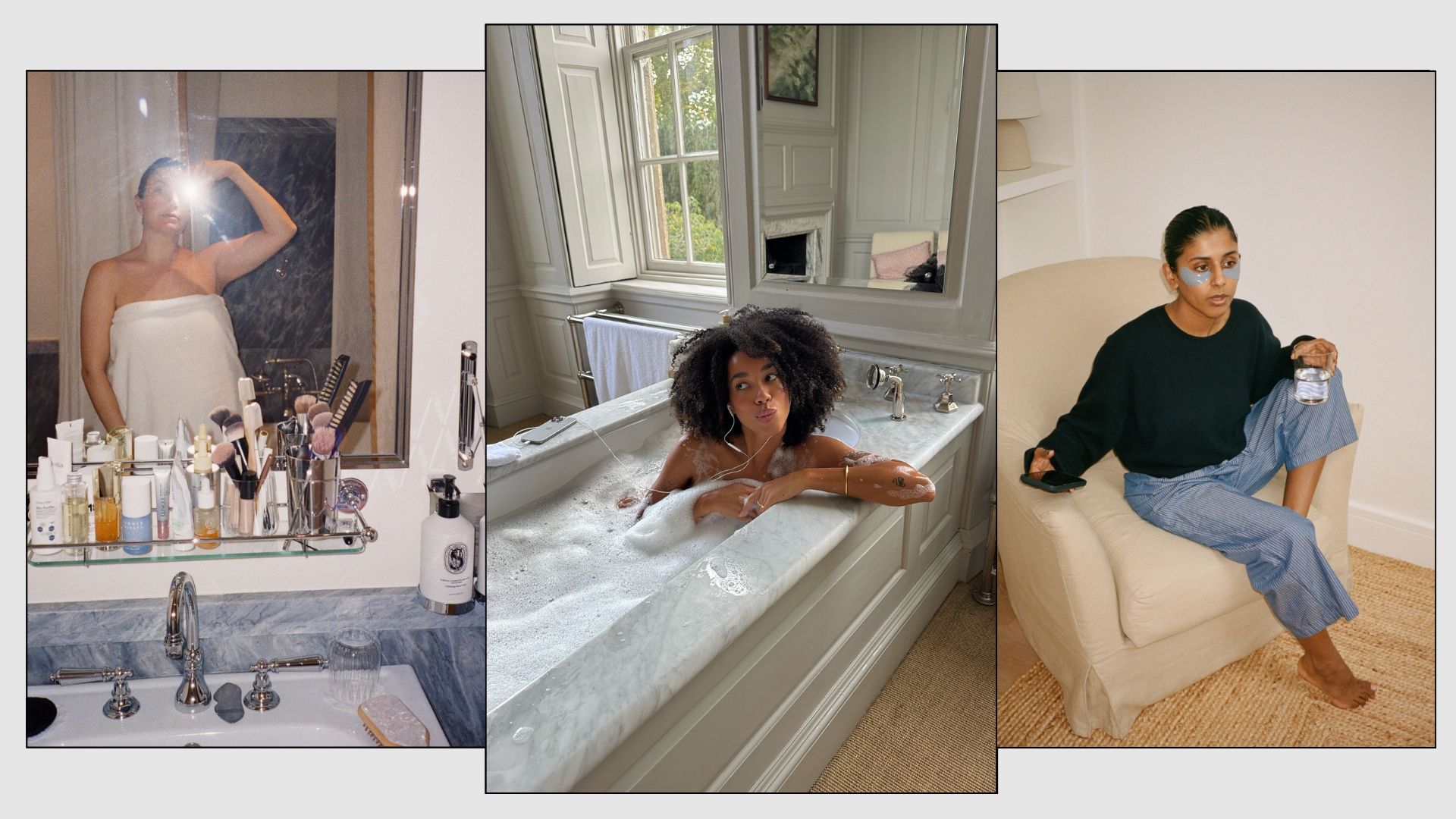 A woman taking a mirror selfie in a bathroom with lots of skincare products, a woman sitting in a marble bath with glowing skin and a woman sitting on an armchair wearing under-eye patches for her skin