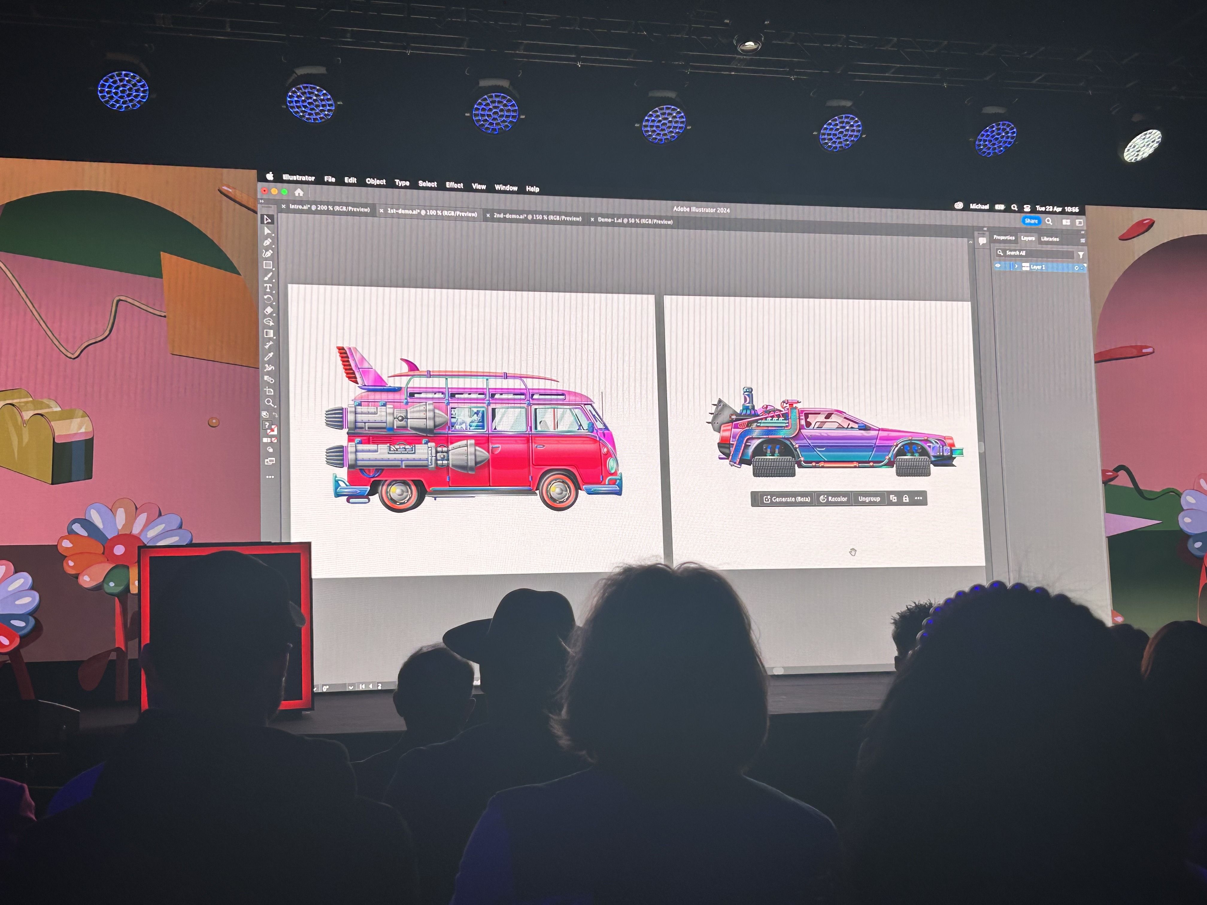 Illustrator tools being shown on an image of a bus and a car