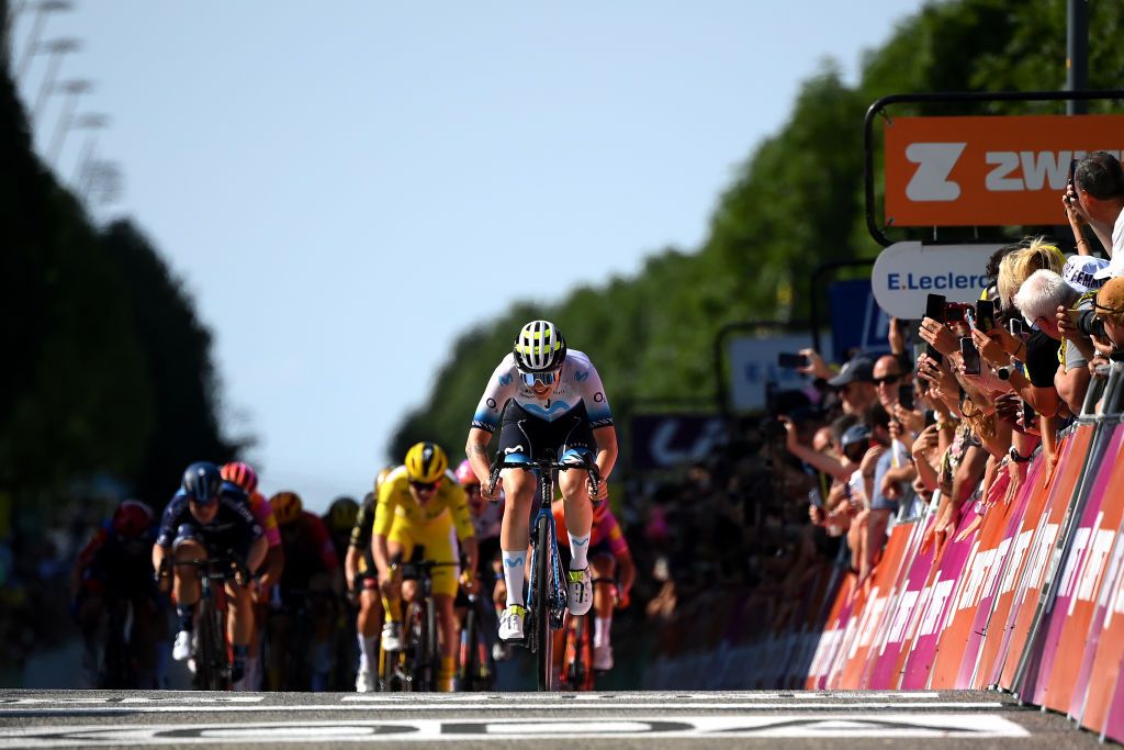 BLAGNAC FRANCE JULY 28 Emma Norsgaard of Denmark and Movistar Team sprints at finish line to win the 2nd Tour de France Femmes 2023 Stage 6 a 1221km stage from Albi to Blagnac UCIWWT on July 28 2023 in Blagnac France Photo by Alex BroadwayGetty Images