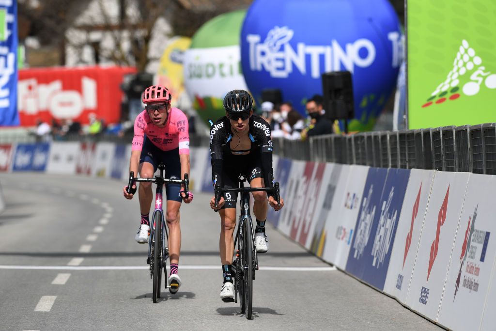 FEICHTEN IM KAUNERTAL AUSTRIA APRIL 20 Hugh Carthy of United Kingdom and Team EF Education Nippo Jai Hindley of Australia and Team DSM on arrival during the 44th Tour of the Alps 2021 Stage 2 a 1215km stage from Innsbruck to Feichten im Kaunertal 1291m TourofTheAlps TouroftheAlps on April 20 2021 in Feichten im Kaunertal Austria Photo by Tim de WaeleGetty Images