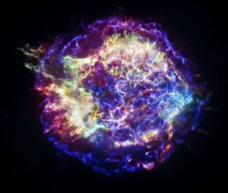 Cassiopeia A, the 300-year old remains of a stellar explosion that blew a massive star apart, is located 11,000 light-years away.