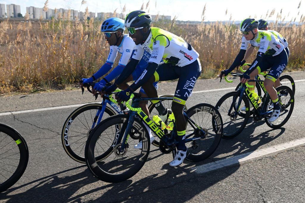 ALTEA SPAIN FEBRUARY 01 LR Tsgabu Grmay of Ethiopia and Team Jayco Alula and Biniam Girmay of Eritrea and Team Intermarche Circus Wanty compete during the 74th Volta a la Comunitat Valenciana 2023 Stage 1 a 1894km stage from Orihuela to Altea VCV2023 VoltaValenciana on February 01 2023 in Altea Spain Photo by Dario BelingheriGetty Images