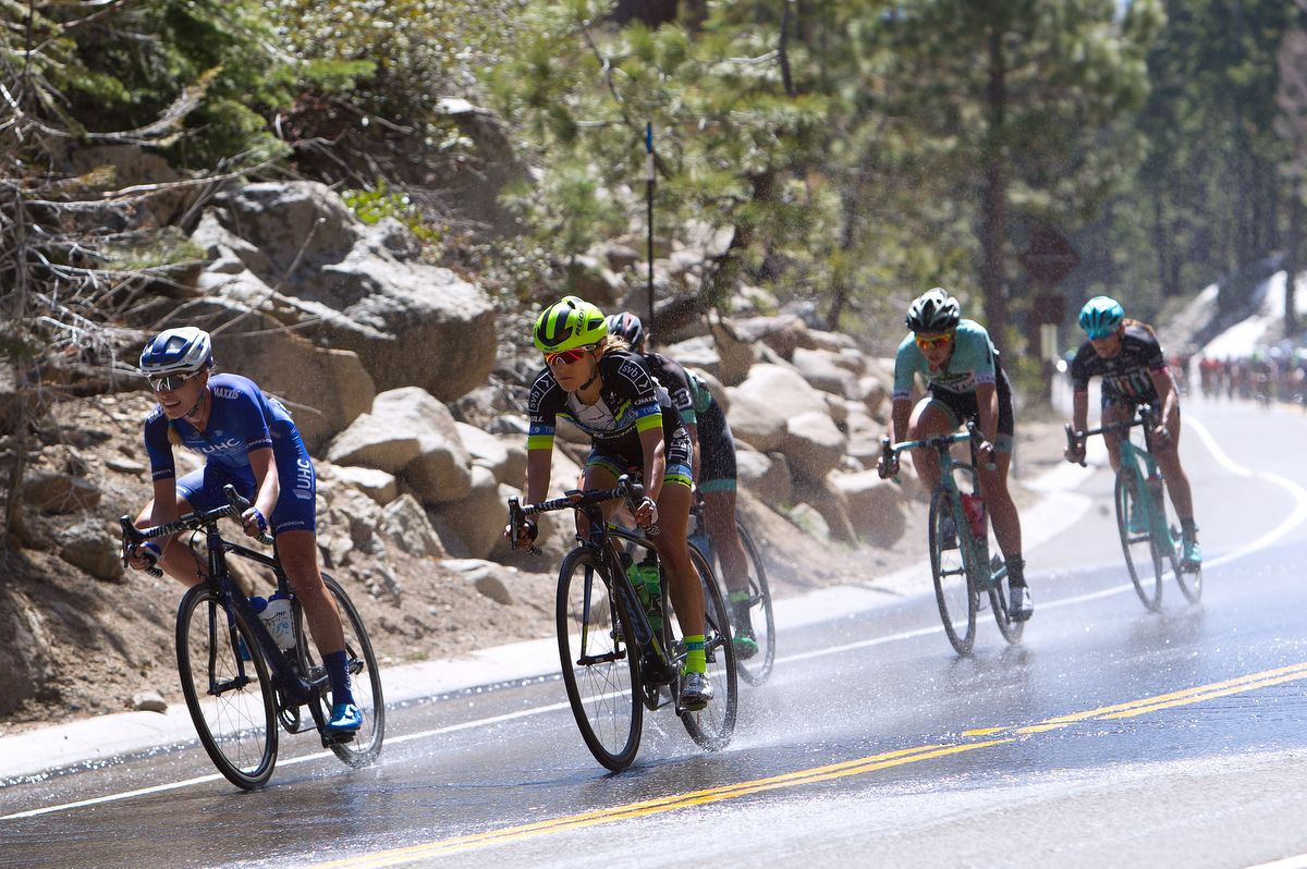 Tayler Wiles (UnitedHealthcare) leads the peloton over wet roads