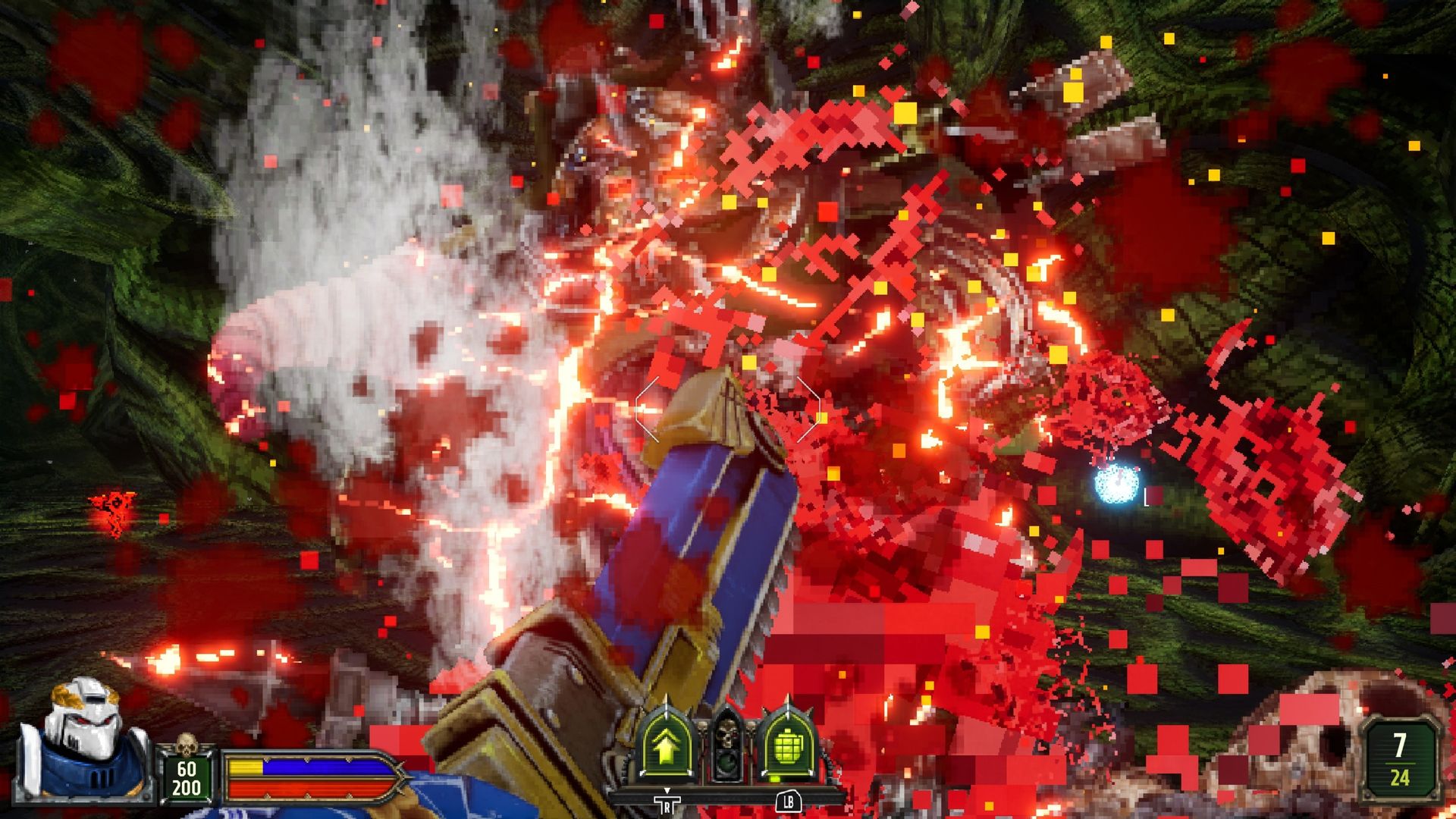 A first-person fantasy shooter erupts in a red, pixelated explosion amid dense foliage; a blue-and-gold weapon and game HUD fill the foreground.