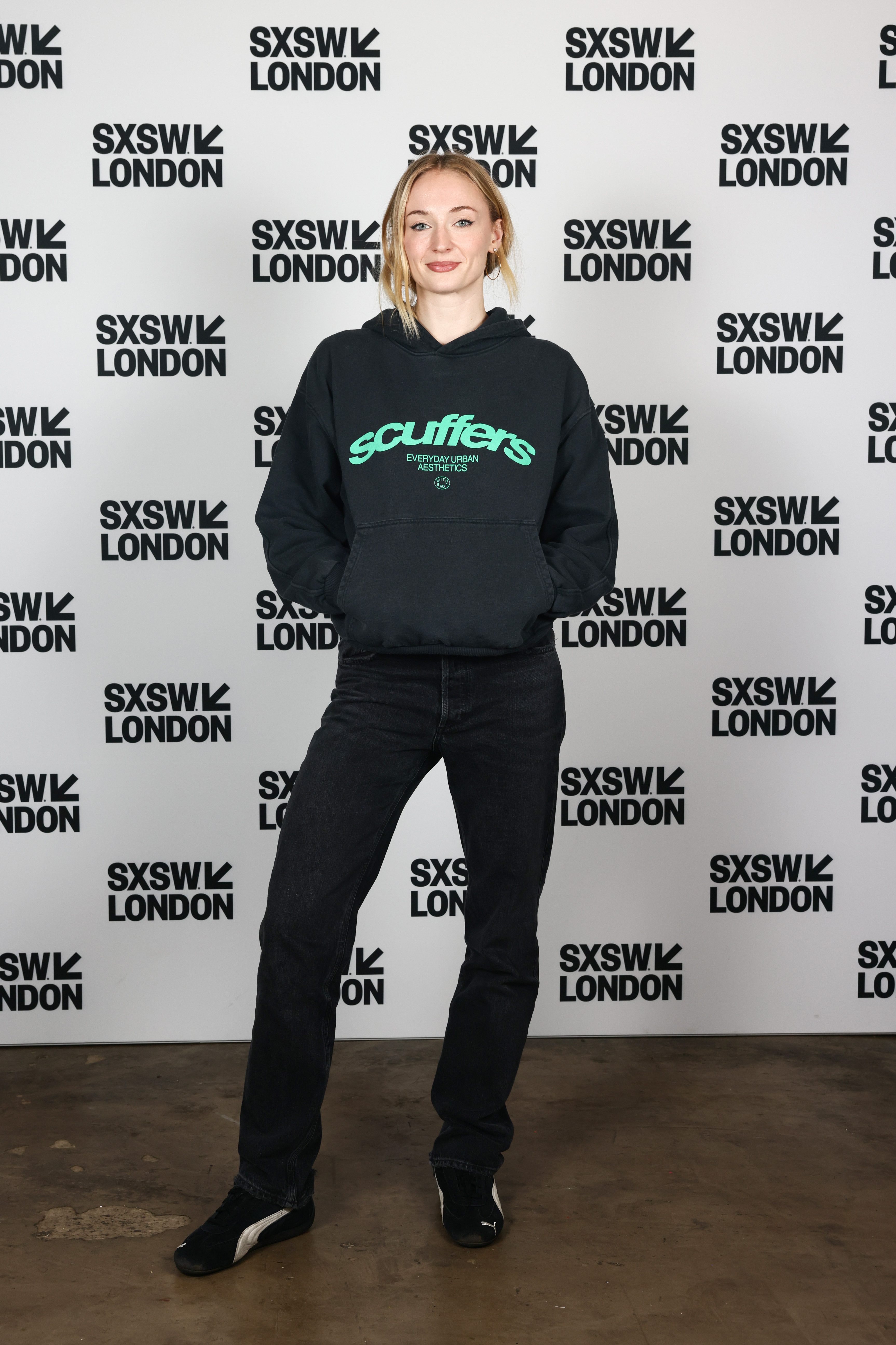 Sophie Turner wore black Puma Speedcat sneakers at SXSW London