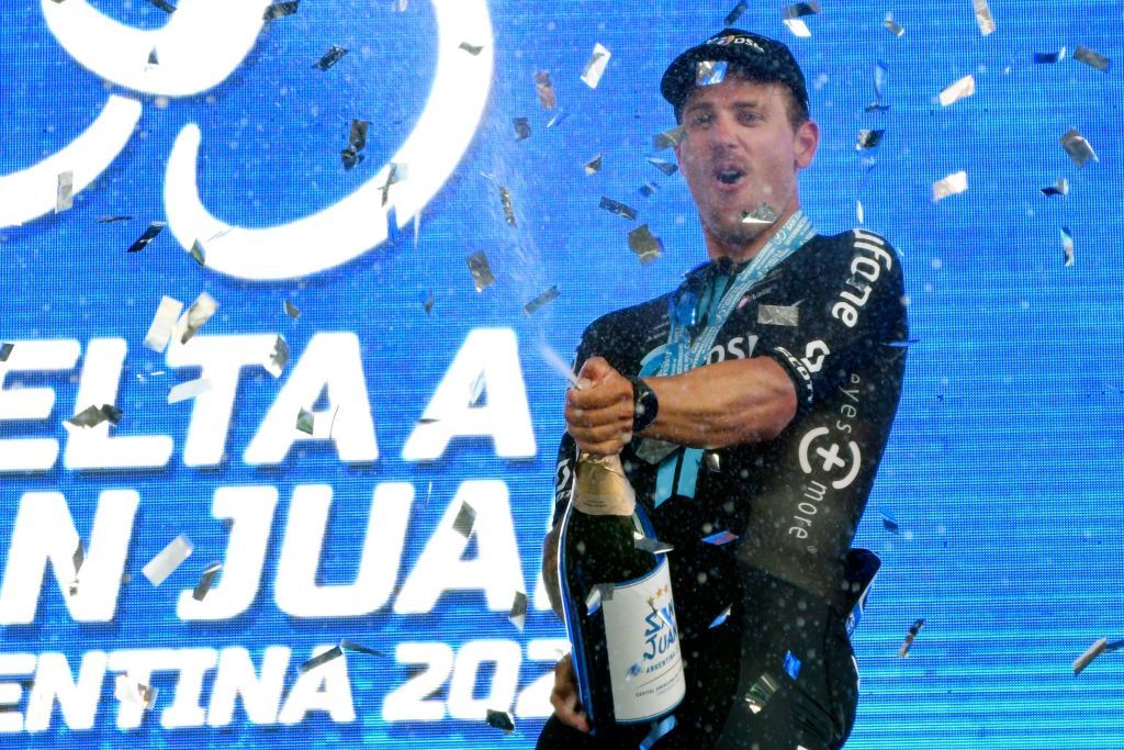 Australian cyclist Sam Welsford celebrates at the podium after winning the 6th stage of the Vuelta a San Juan 2023 in San Juan Argentina on January 28 2023 Photo by Andres Larrovere AFP Photo by ANDRES LARROVEREAFP via Getty Images